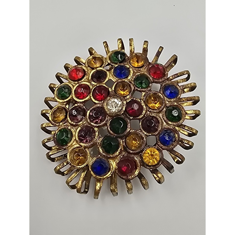 Vintage Mid-Century Gold Tone Rhinestone Sunburst Flower Brooch Pin Multicolor